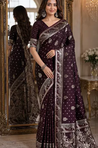 Wine soft silk blend banarasi jacuard work festive saree with unstitched blouse piece