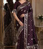 Wine soft silk blend banarasi jacuard work festive saree with unstitched blouse piece