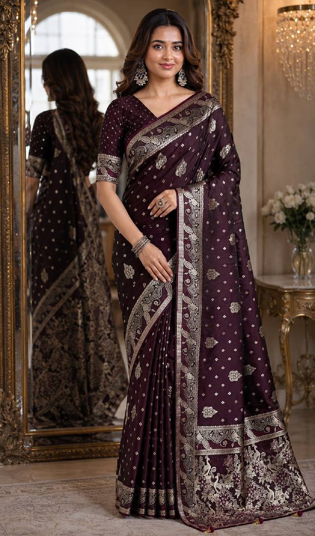 Wine soft silk blend banarasi jacuard work festive saree with unstitched blouse piece