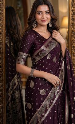 Wine soft silk blend banarasi jacuard work festive saree with unstitched blouse piece 2