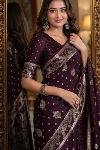 Wine soft silk blend banarasi jacuard work festive saree with unstitched blouse piece