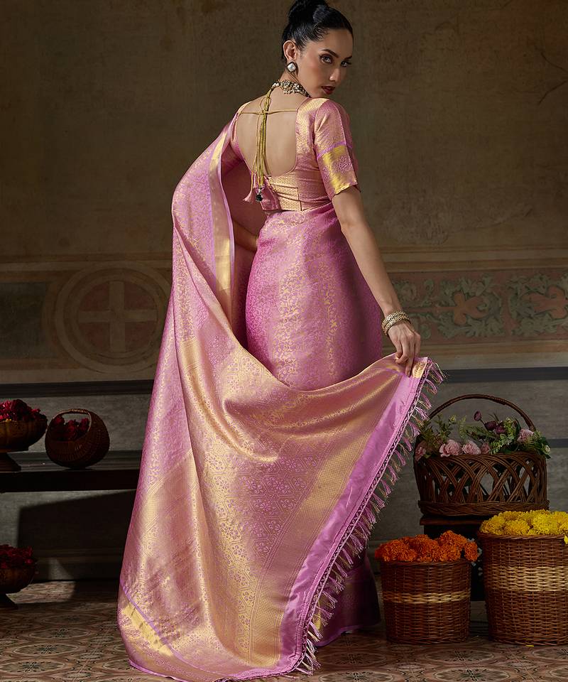 pink smart heavy kanchivaram silk blend rich looks graceful saree