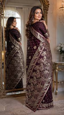 Wine soft silk blend banarasi jacuard work festive saree with unstitched blouse piece 3