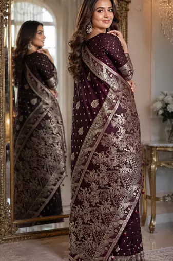 Wine soft silk blend banarasi jacuard work festive saree with unstitched blouse piece