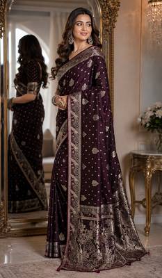 Wine soft silk blend banarasi jacuard work festive saree with unstitched blouse piece 4