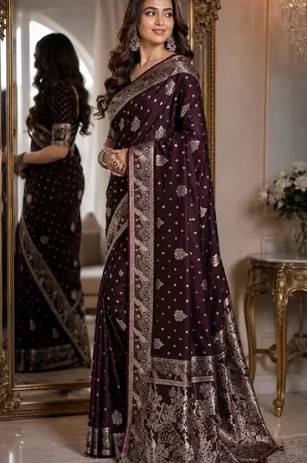 Wine soft silk blend banarasi jacuard work festive saree with unstitched blouse piece