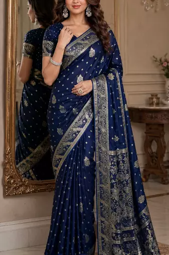 Blue soft silk blend banarasi jacuard work festive saree with unstitched blouse piece