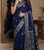 Blue soft silk blend banarasi jacuard work festive saree with unstitched blouse piece