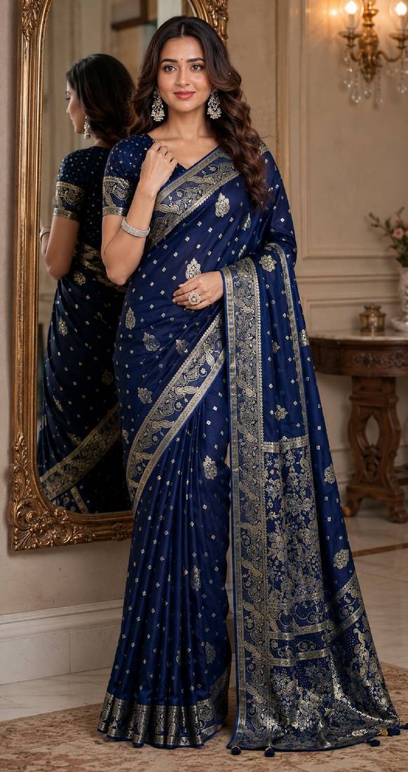 Blue soft silk blend banarasi jacuard work festive saree with unstitched blouse piece