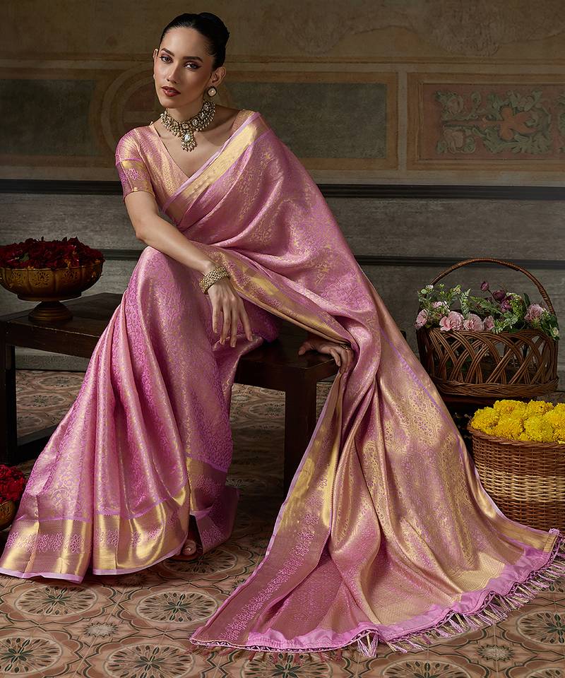 pink smart heavy kanchivaram silk blend rich looks graceful saree