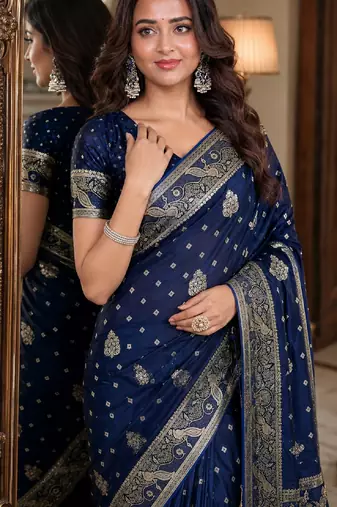 Blue soft silk blend banarasi jacuard work festive saree with unstitched blouse piece