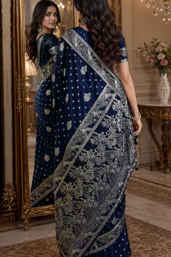 Blue soft silk blend banarasi jacuard work festive saree with unstitched blouse piece