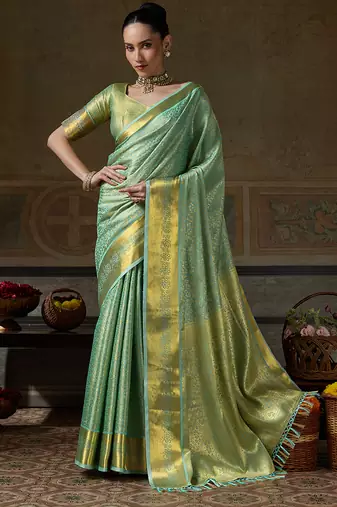 green smart heavy kanchivaram silk blend rich looks graceful saree