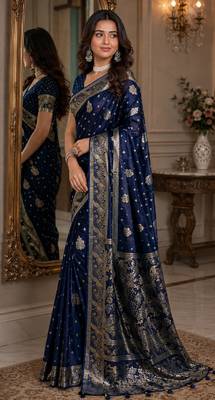 Blue soft silk blend banarasi jacuard work festive saree with unstitched blouse piece 4