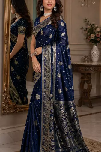 Blue soft silk blend banarasi jacuard work festive saree with unstitched blouse piece