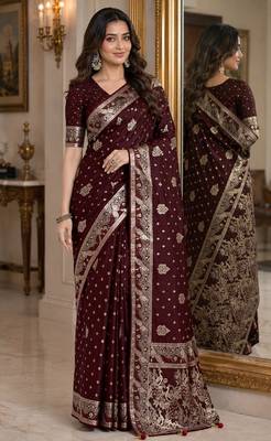 Maroon soft silk blend banarasi jacuard work festive saree with unstitched blouse piece 1