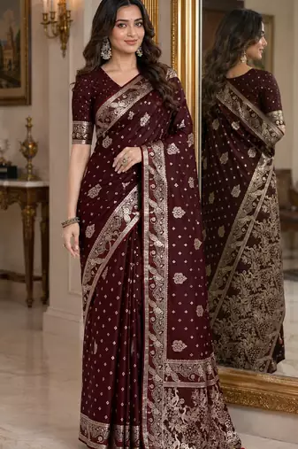 Maroon soft silk blend banarasi jacuard work festive saree with unstitched blouse piece