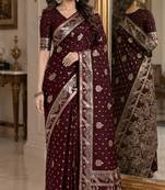 Maroon soft silk blend banarasi jacuard work festive saree with unstitched blouse piece