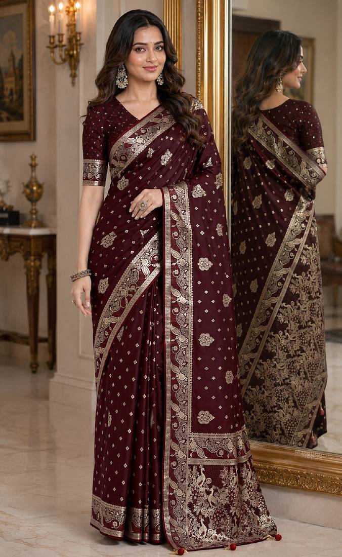 Maroon soft silk blend banarasi jacuard work festive saree with unstitched blouse piece