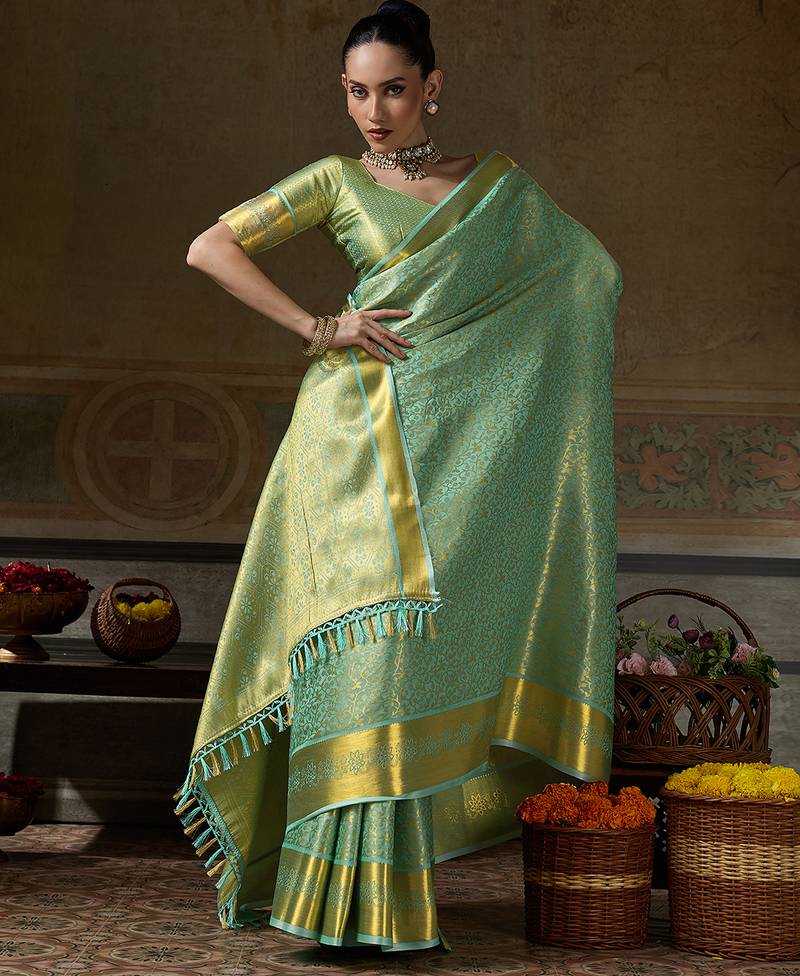 green smart heavy kanchivaram silk blend rich looks graceful saree