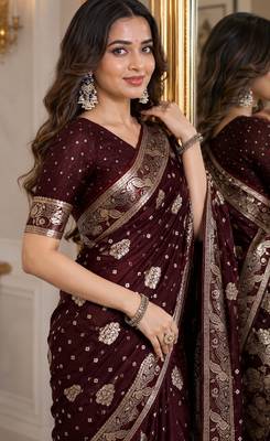 Maroon soft silk blend banarasi jacuard work festive saree with unstitched blouse piece 2