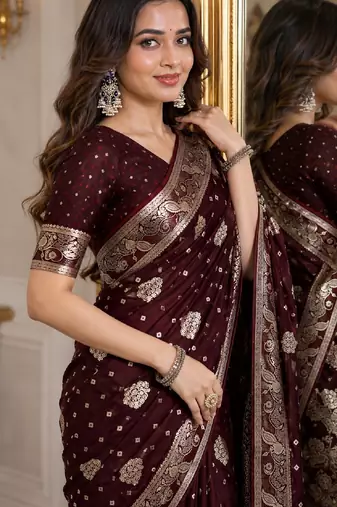 Maroon soft silk blend banarasi jacuard work festive saree with unstitched blouse piece