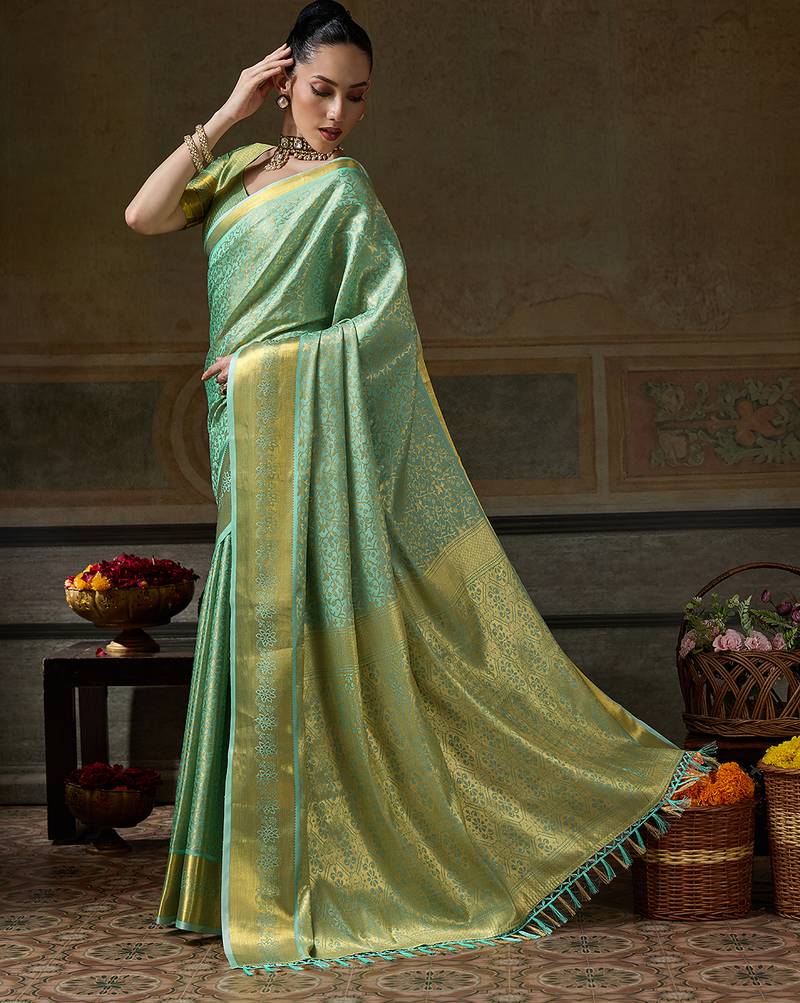 green smart heavy kanchivaram silk blend rich looks graceful saree