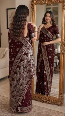 Maroon soft silk blend banarasi jacuard work festive saree with unstitched blouse piece 3