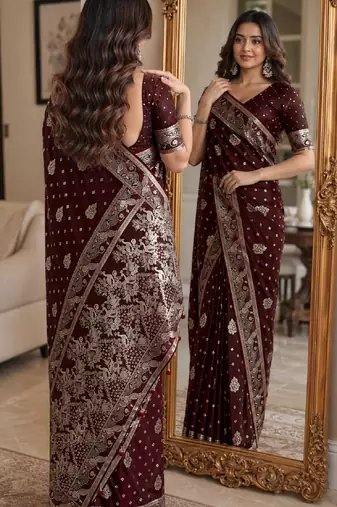 Maroon soft silk blend banarasi jacuard work festive saree with unstitched blouse piece