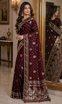 Maroon soft silk blend banarasi jacuard work festive saree with unstitched blouse piece 4