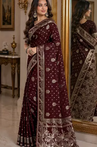 Maroon soft silk blend banarasi jacuard work festive saree with unstitched blouse piece