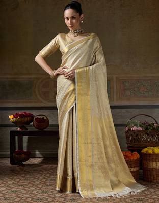 beige smart heavy kanchivaram silk blend rich looks graceful saree 1