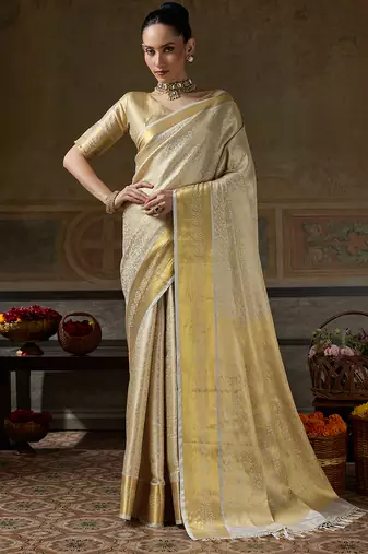 beige smart heavy kanchivaram silk blend rich looks graceful saree