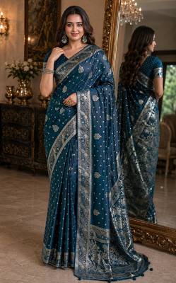 Rama soft silk blend banarasi jacuard work festive saree with unstitched blouse piece 1