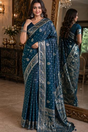 Rama soft silk blend banarasi jacuard work festive saree with unstitched blouse piece