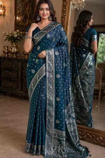 Rama soft silk blend banarasi jacuard work festive saree with unstitched blouse piece