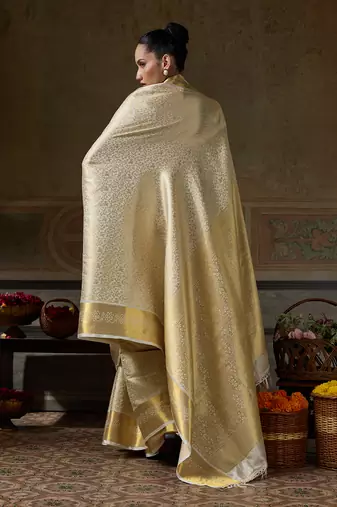 beige smart heavy kanchivaram silk blend rich looks graceful saree