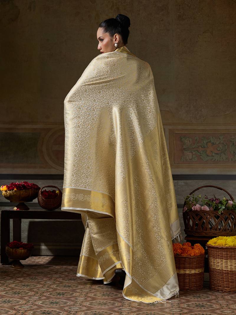 beige smart heavy kanchivaram silk blend rich looks graceful saree