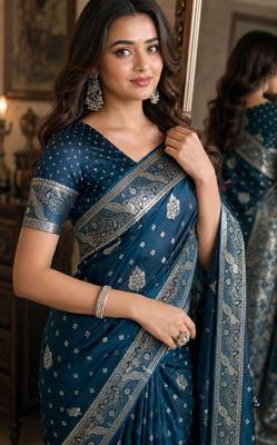 Rama soft silk blend banarasi jacuard work festive saree with unstitched blouse piece 2