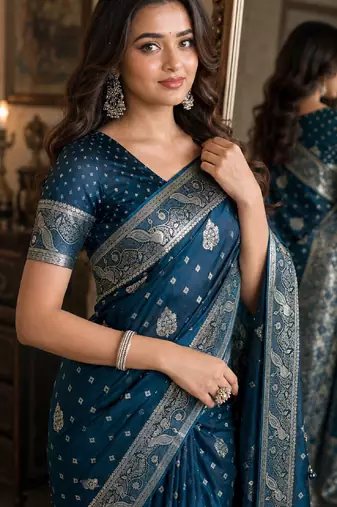 Rama soft silk blend banarasi jacuard work festive saree with unstitched blouse piece