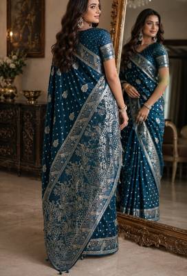 Rama soft silk blend banarasi jacuard work festive saree with unstitched blouse piece 3