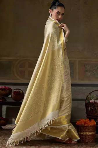 beige smart heavy kanchivaram silk blend rich looks graceful saree