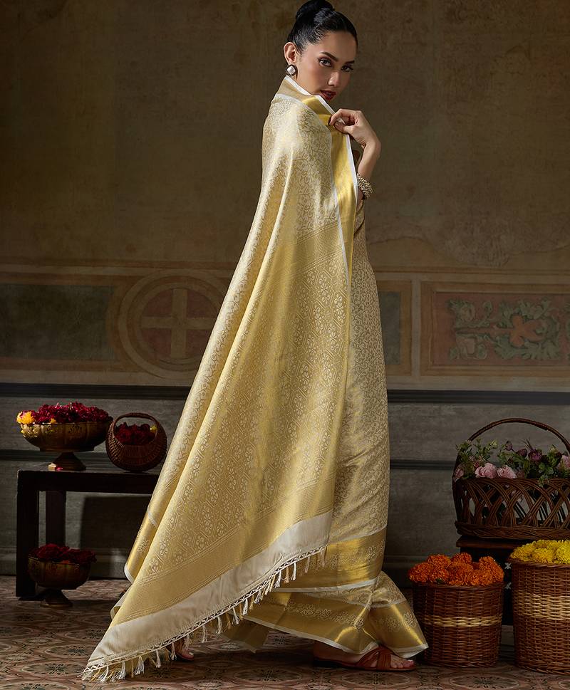 beige smart heavy kanchivaram silk blend rich looks graceful saree