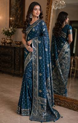 Rama soft silk blend banarasi jacuard work festive saree with unstitched blouse piece 4