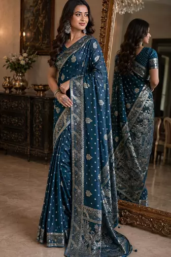 Rama soft silk blend banarasi jacuard work festive saree with unstitched blouse piece