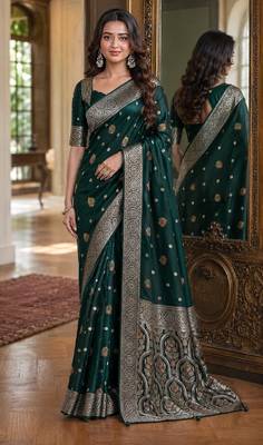 Green soft silk blend banarasi jacuard work festive saree with unstitched blouse piece 1