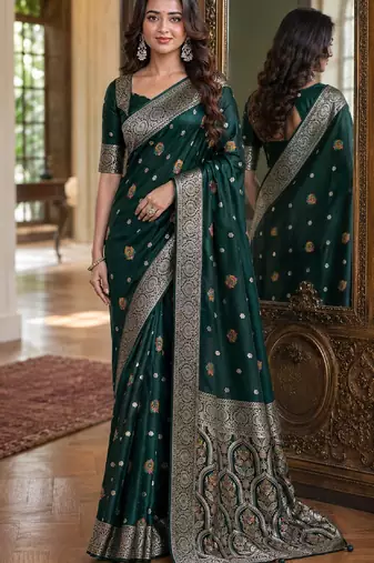 Green soft silk blend banarasi jacuard work festive saree with unstitched blouse piece