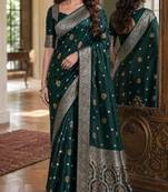 Green soft silk blend banarasi jacuard work festive saree with unstitched blouse piece