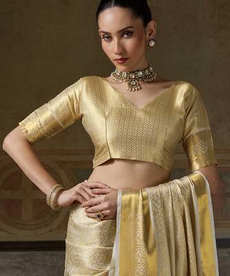 beige smart heavy kanchivaram silk blend rich looks graceful saree 5