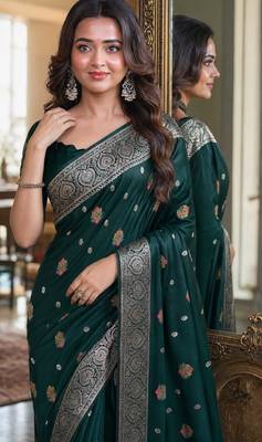 Green soft silk blend banarasi jacuard work festive saree with unstitched blouse piece 2